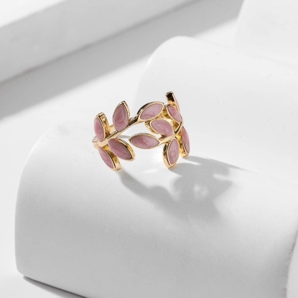 Leaf Design Cuff Ring Gold Pink Adjustable Boho Festival Leaves Botany Plant - Picture 3 of 5